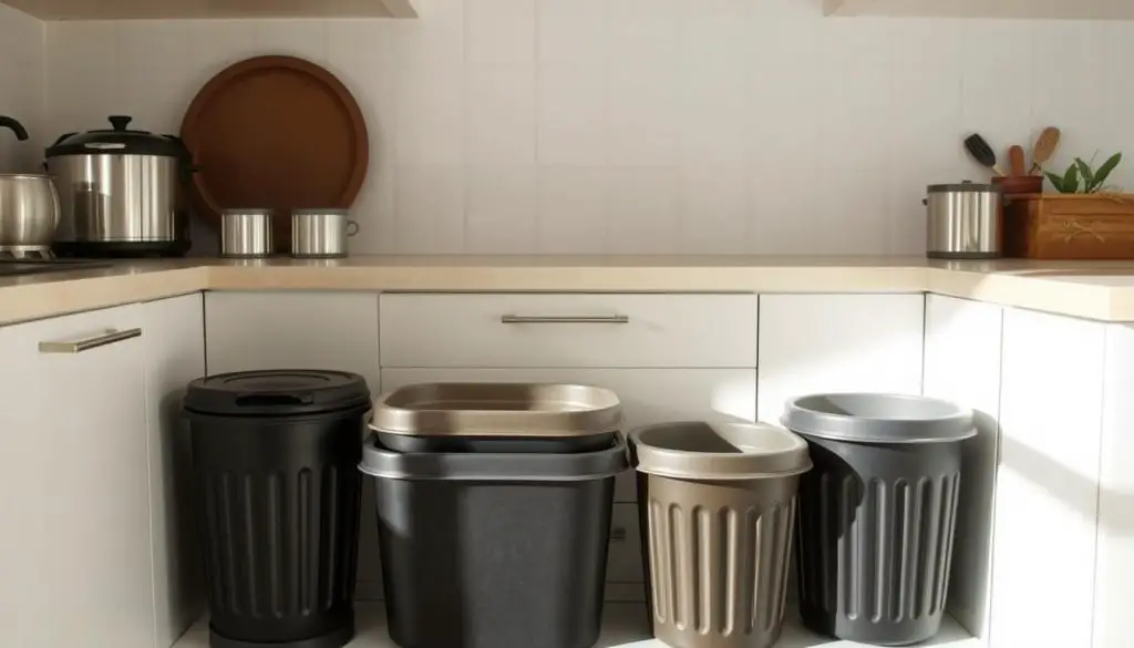 budget-friendly garbage cans, simple and practical, metal or plastic, in classic black or neutral tones, stacked neatly in a clean, well-lit kitchen, soft shadows from overhead lighting, slightly angled view to showcase their clean, minimalist design, the cans occupy a small footprint, their modest size and unassuming presence make them ideal for tight kitchen spaces, a sense of order and practicality pervades the scene, conveying a sense of functional, no-frills efficiency budget-friendly garbage cans, simple and practical, metal or plastic, in classic black or neutral tones, stacked neatly in a clean, well-lit kitchen, soft shadows from overhead lighting, slightly angled view to showcase their clean, minimalist design, the cans occupy a small footprint, their modest size and unassuming presence make them ideal for tight kitchen spaces, a sense of order and practicality pervades the scene, conveying a sense of functional, no-frills efficiency