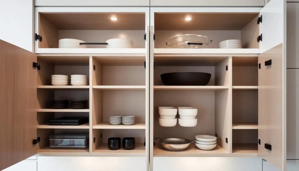 cabinet door storage solutions with various compartments and shelves for efficient kitchen organization, minimalist design with sleek, matte black hardware, soft lighting from above illuminating the arrangement, photographed at an angle to showcase the functionality and seamless integration into the kitchen interior
