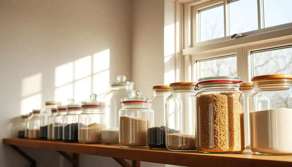 clear kitchen glass jars and containers arranged on a wooden shelf, with sunlight streaming through the windows and casting warm shadows, creating a clean, minimalist, and inviting atmosphere, the containers showcasing their contents for easy visibility and stylish organization