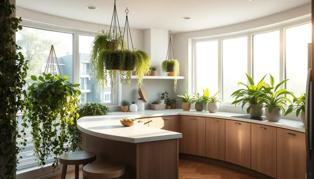 small kitchen peninsula with a curved countertop, featuring a cozy seating area surrounded by lush, trailing greenery cascading from hanging planters. Soft, natural lighting filters in through large windows, casting a warm, inviting glow. The scene exudes a serene, biophilic atmosphere, blending the kitchen's functionality with the soothing presence of nature. The peninsula's design allows for intimate dining or casual conversations, complemented by the verdant foliage that adds a touch of organic elegance to the space. small kitchen peninsula with a curved countertop, featuring a cozy seating area surrounded by lush, trailing greenery cascading from hanging planters. Soft, natural lighting filters in through large windows, casting a warm, inviting glow. The scene exudes a serene, biophilic atmosphere, blending the kitchen's functionality with the soothing presence of nature. The peninsula's design allows for intimate dining or casual conversations, complemented by the verdant foliage that adds a touch of organic elegance to the space.
