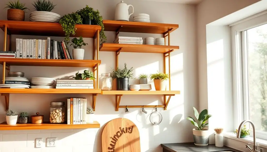 vertical kitchen storage with open shelving, brass hardware, and natural light, a minimalist design with wooden accents and potted plants, the shelves neatly arranged with cookbooks, jars, and other kitchen essentials, a warm and inviting atmosphere that showcases efficient use of vertical space in a small kitchen, shot from a slightly elevated angle to emphasize the height and depth of the storage, a clean and airy feel with soft shadows and diffused illumination